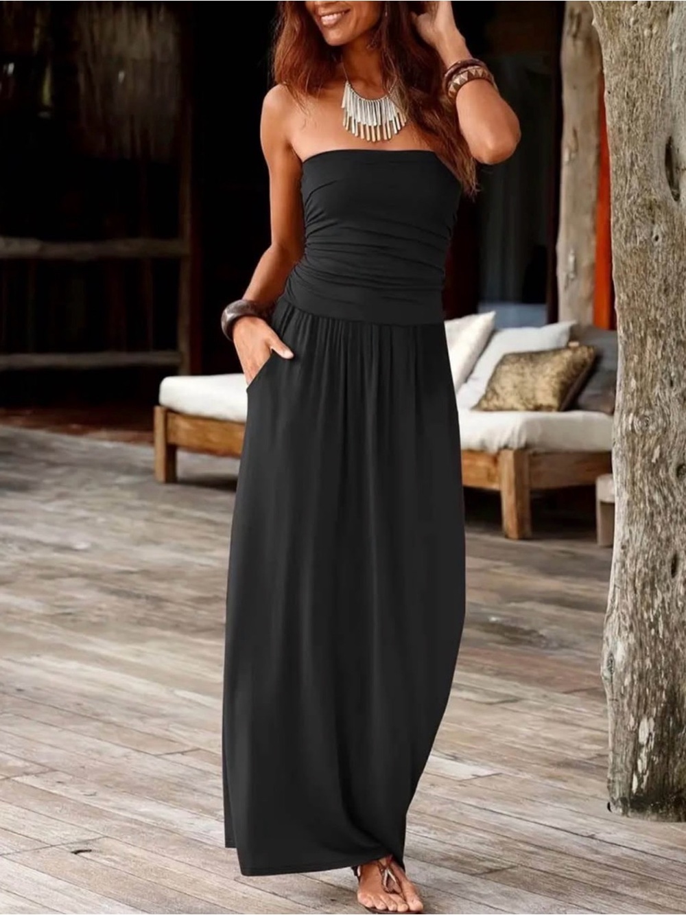 Strapless Black Women's Maxi Dress with Pockets